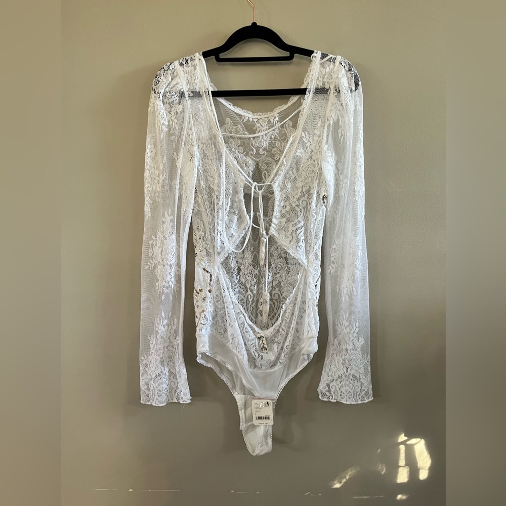 Free People - Intimately  - Ready to Party Lace Bodysuit White Long Sleeve Small - Picture 9 of 11